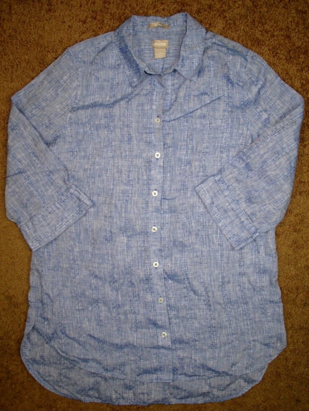 Chico's 100% Linen Tunic Shirt 3/4 Sleeve Button Front Blue Women's US Size 8